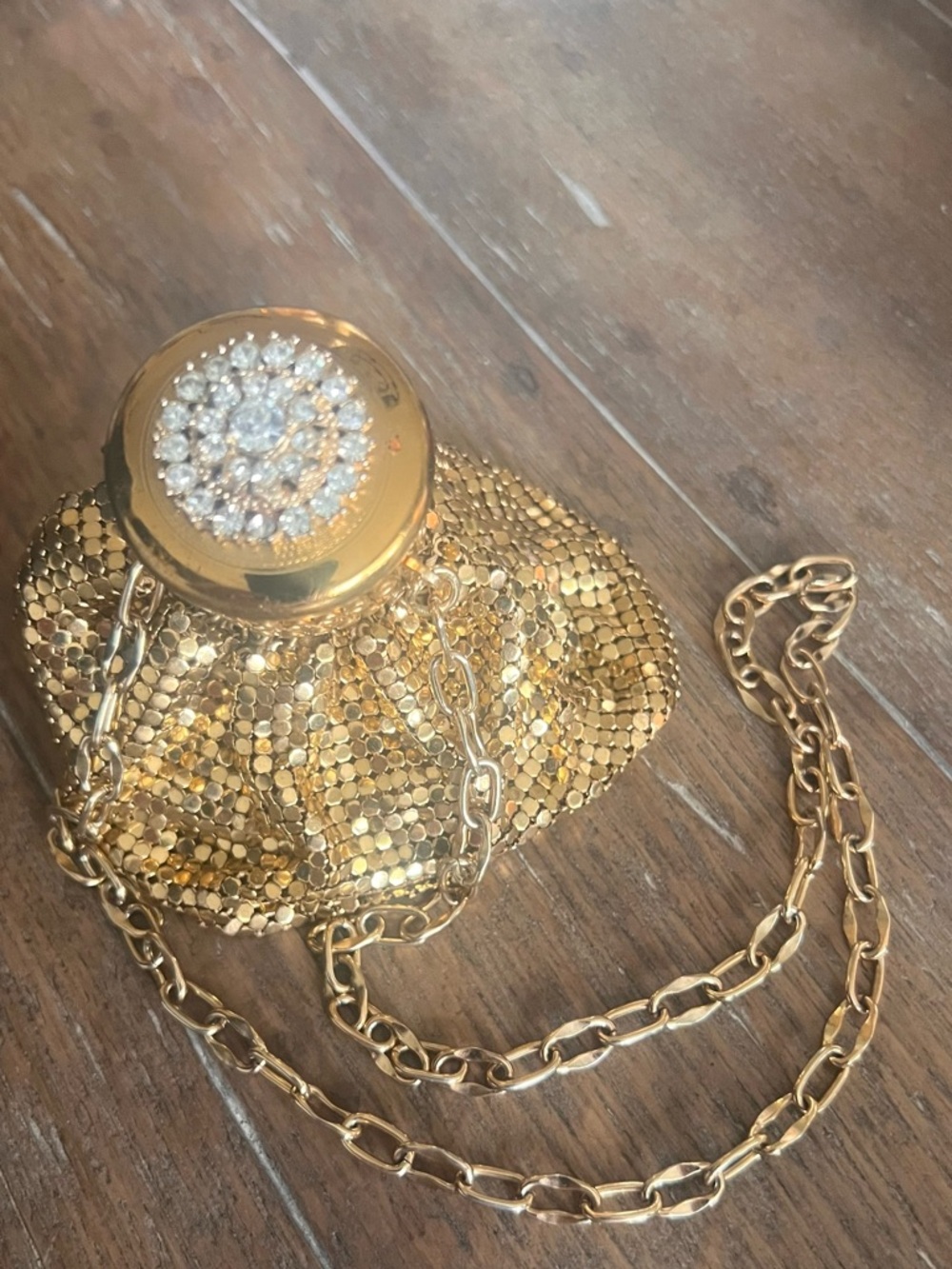 Vintage Whiting & Davis Gold Mesh Beggar Bag | Rhinestone Top